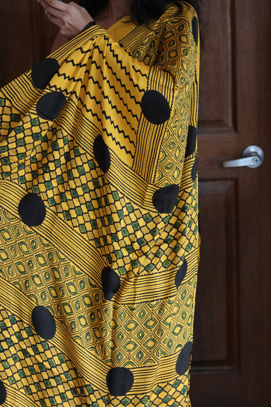 Ajrakh Modal Silk Saree - Yellow