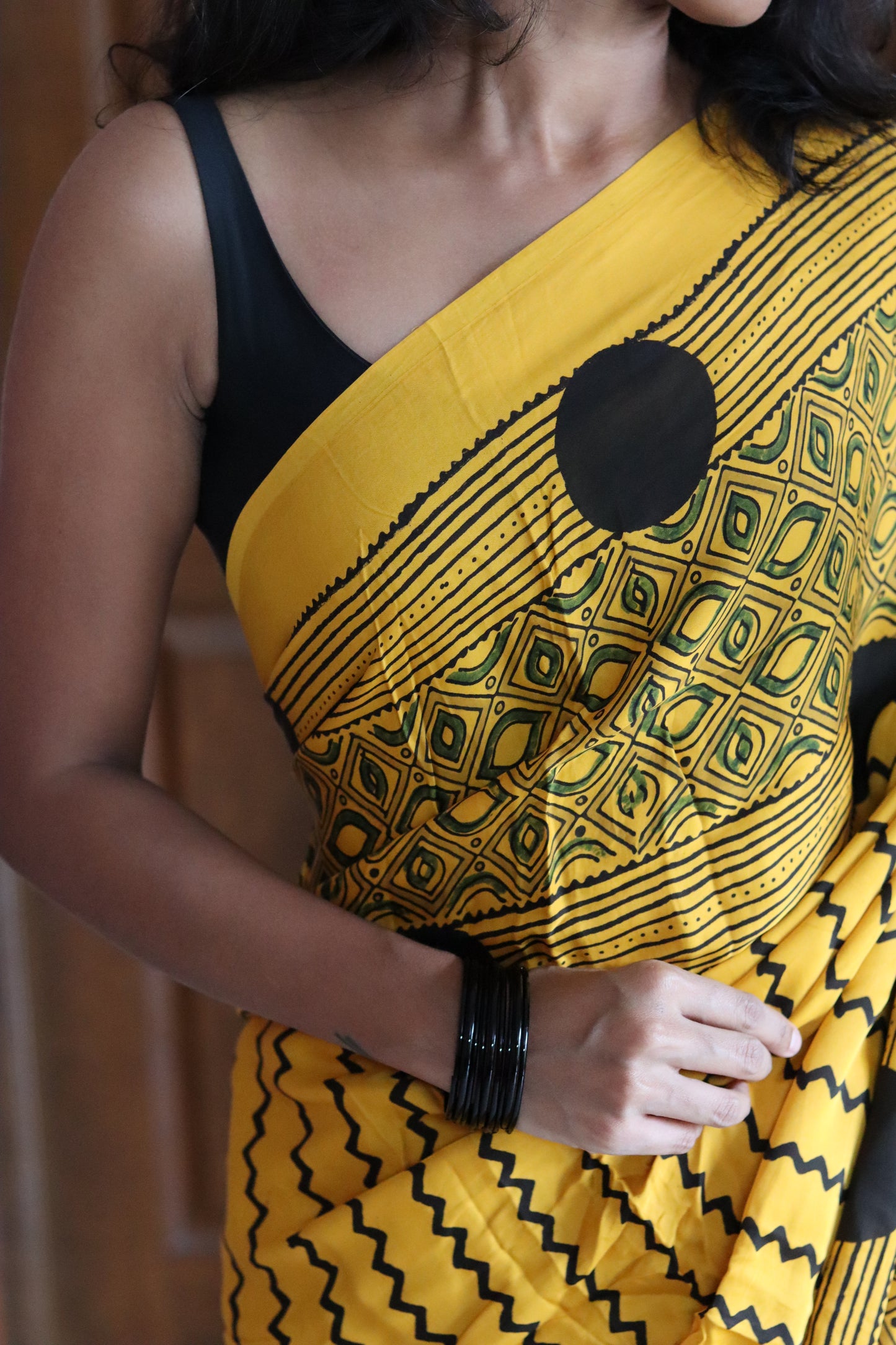 Ajrakh Modal Silk Saree - Yellow