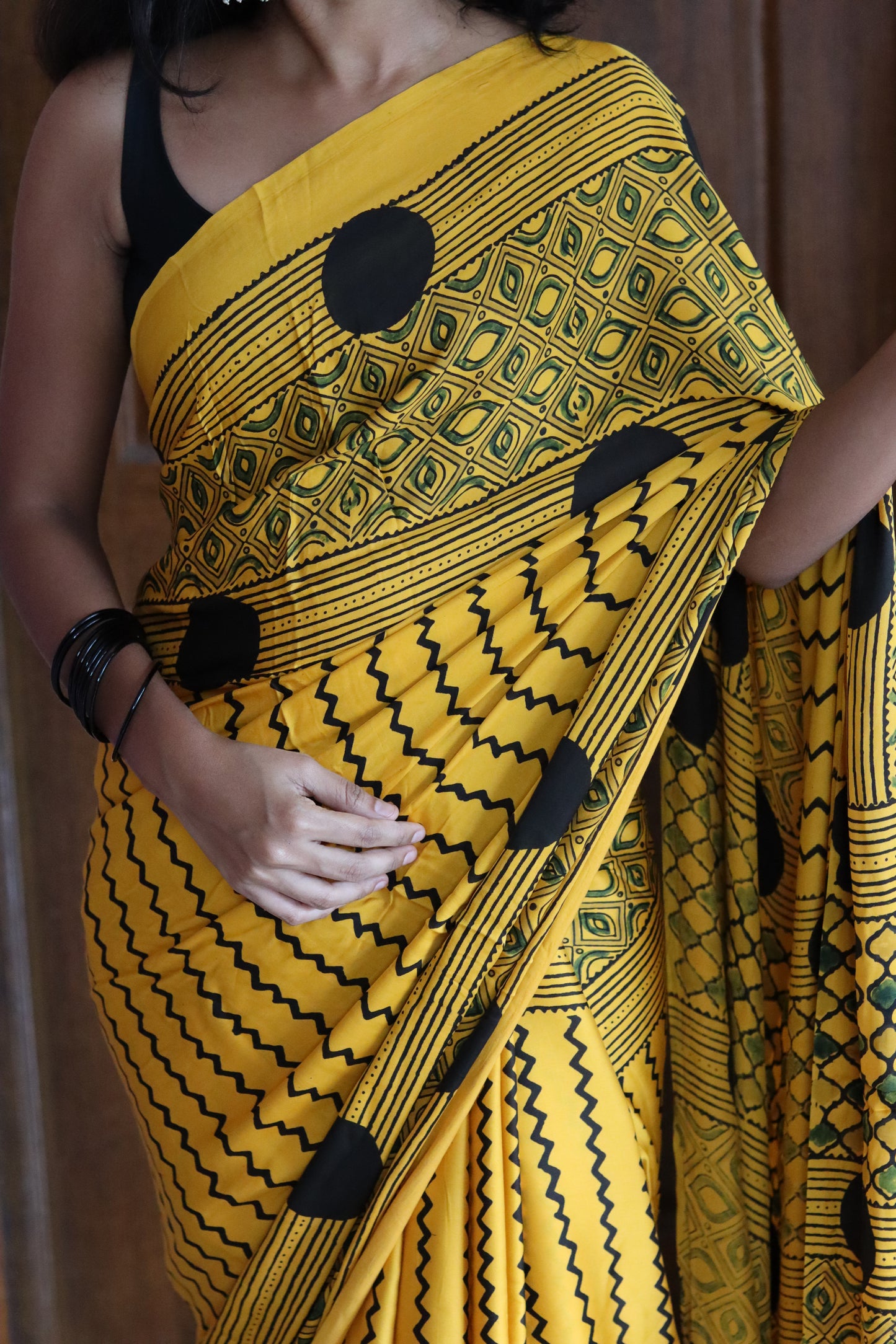 Ajrakh Modal Silk Saree - Yellow