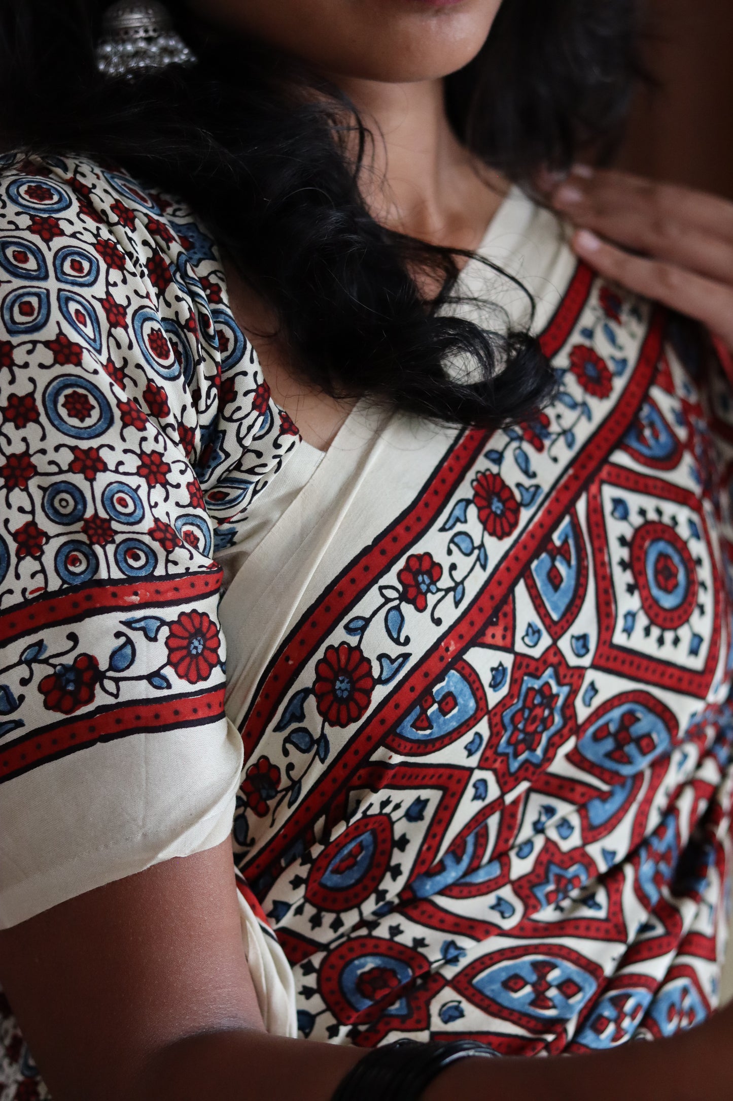 Ajrakh Modal Silk Saree - Half white