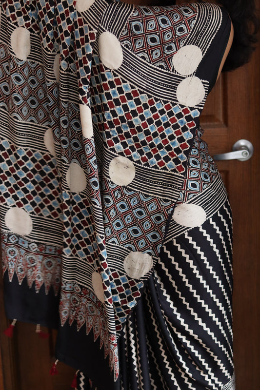 Ajrakh Modal Silk Saree - Black