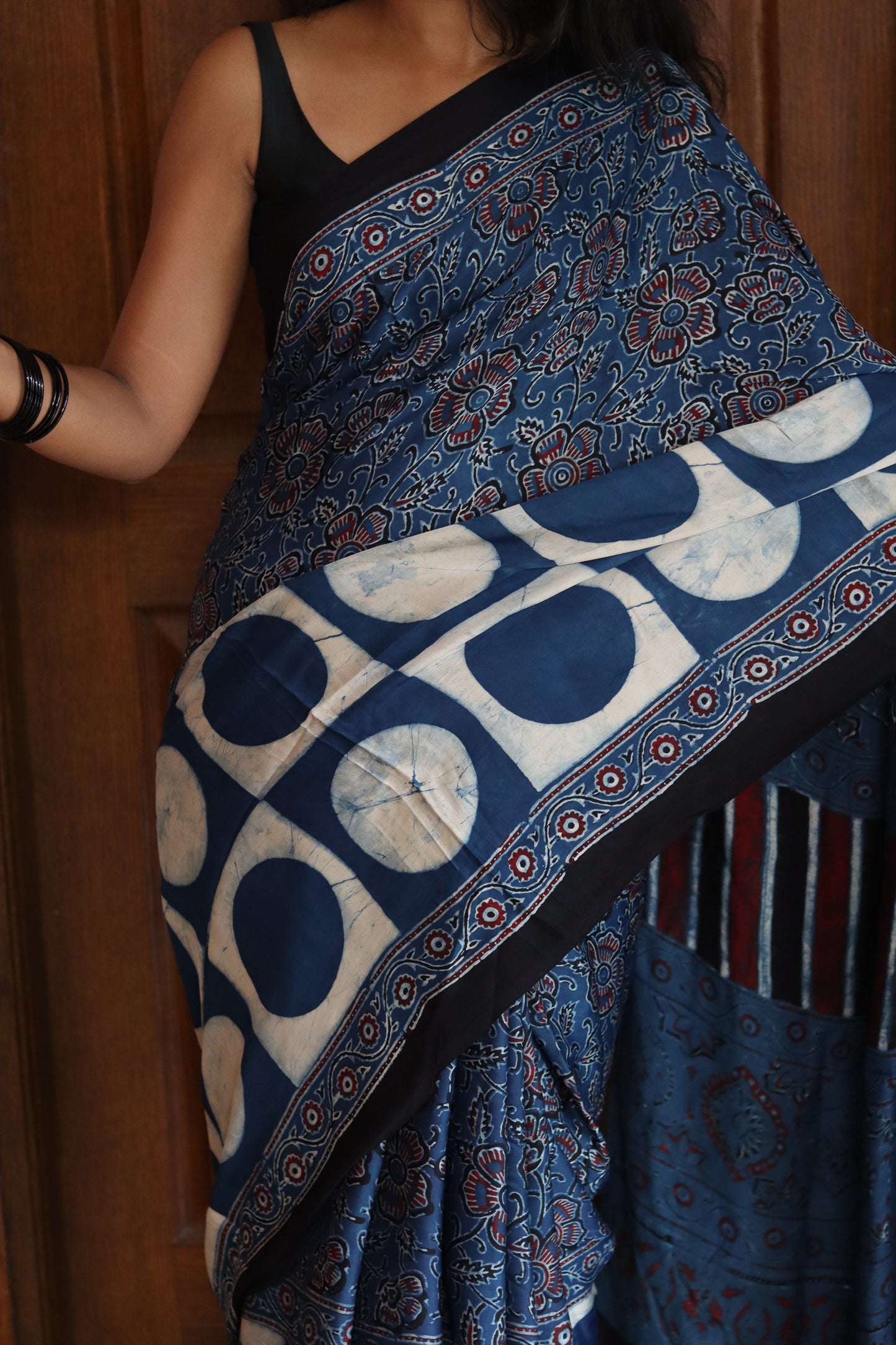 Ajrakh Modal Silk Saree - Blue