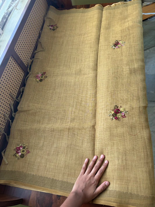 Premium Tissue Linen Sarees with heavy blouse - Henna Green