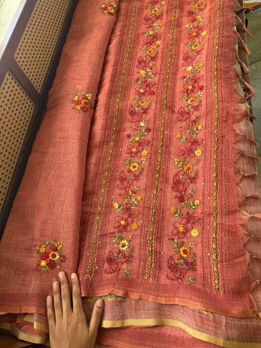 Premium Tissue Linen Sarees with heavy blouse - Peach
