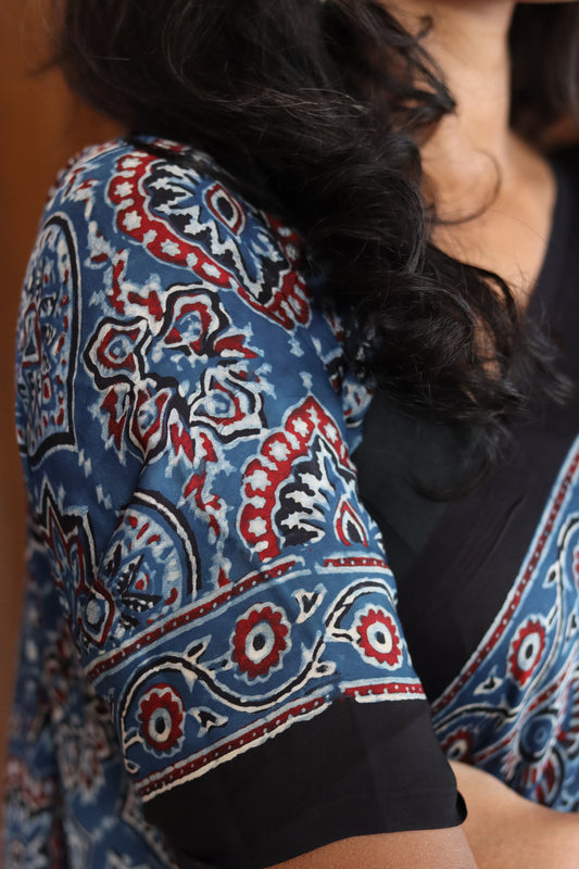 Ajrakh Modal Silk Saree - Blue