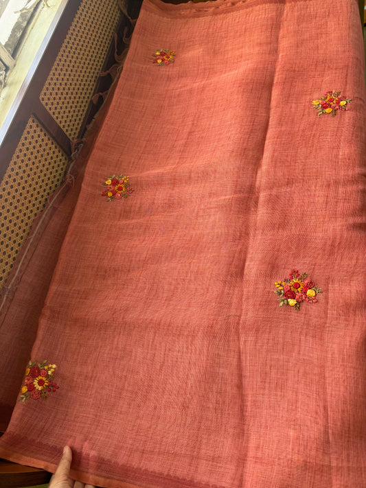 Premium Tissue Linen Sarees with heavy blouse - Peach