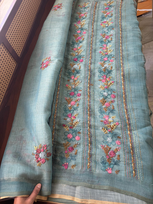 Premium Tissue Linen Sarees with heavy blouse - Blue