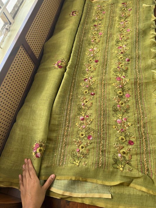 Premium Tissue Linen Sarees with heavy blouse - Green