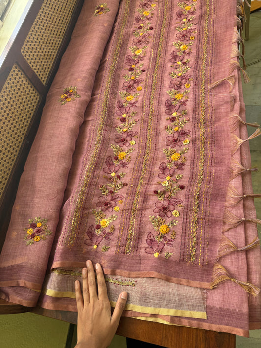 Premium Tissue Linen Sarees with heavy blouse - Pink