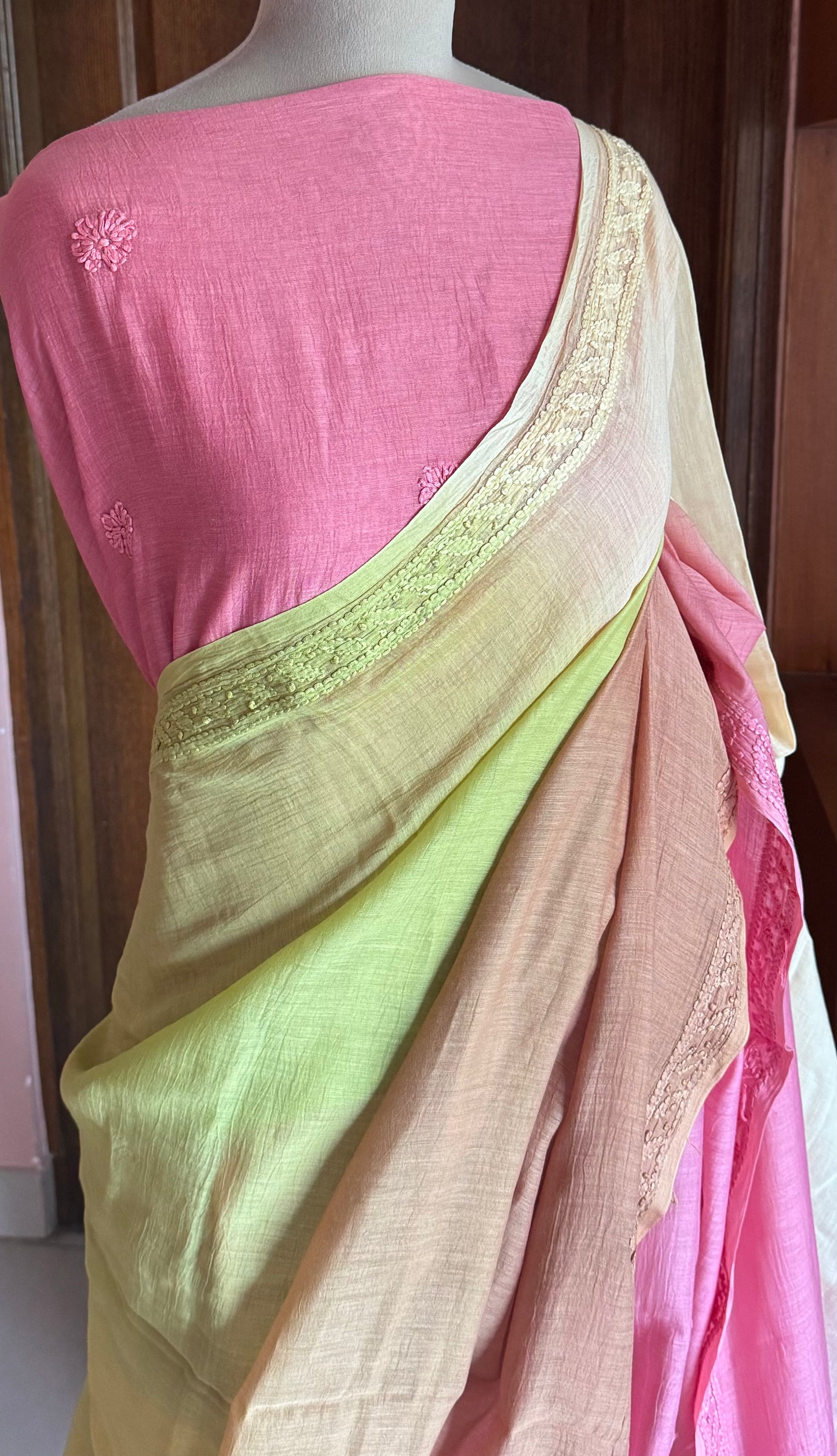 Pure Mul Chanderi Chikankari Saree - Green,Pink,Beige,Brown
