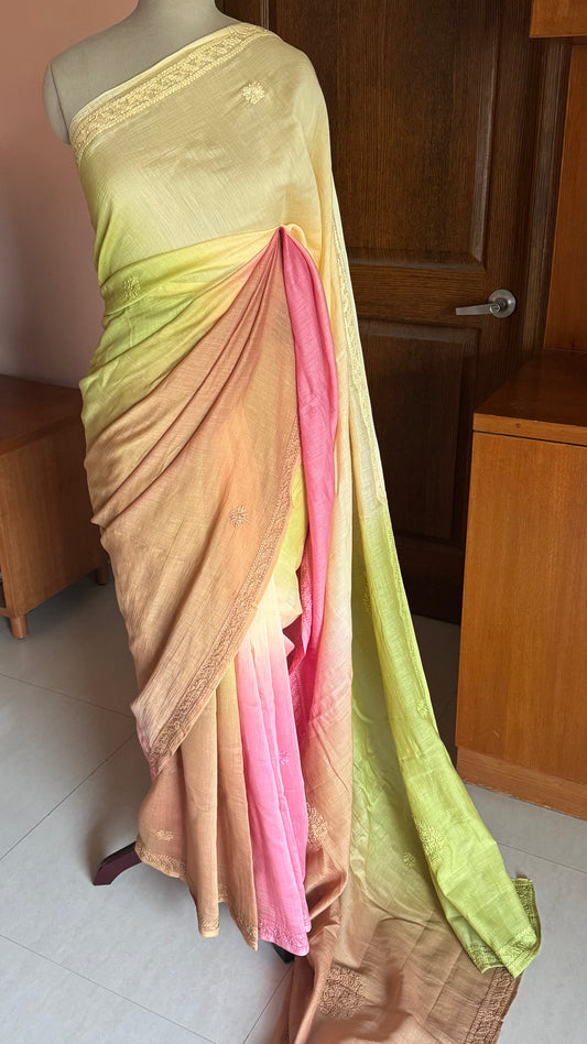 Pure Mul Chanderi Chikankari Saree - Green,Pink,Beige,Brown