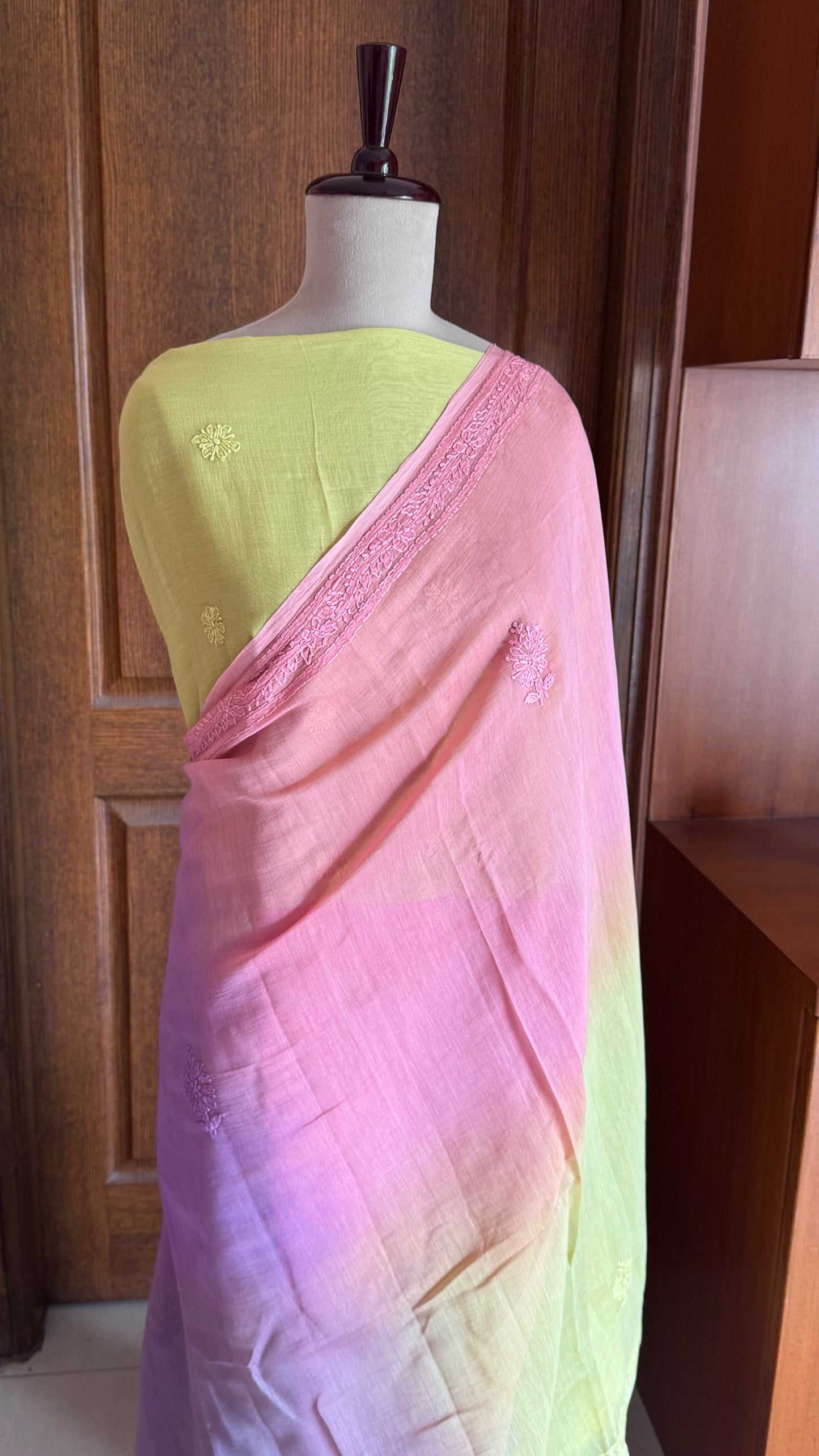 Pure Mul Chanderi Chikankari Saree - Pink,Lavender,Green,Grey