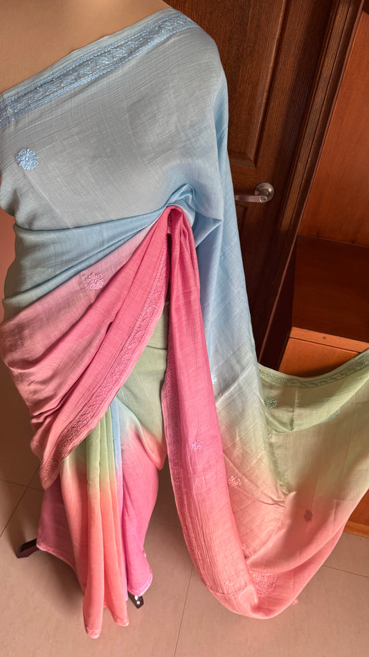 Pure Mul Chanderi Chikankari Saree -Green, Blue,Peach,Pink