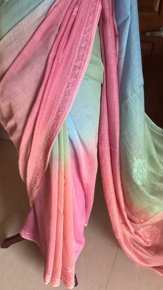Pure Mul Chanderi Chikankari Saree -Blue,Green,Pink,Peach