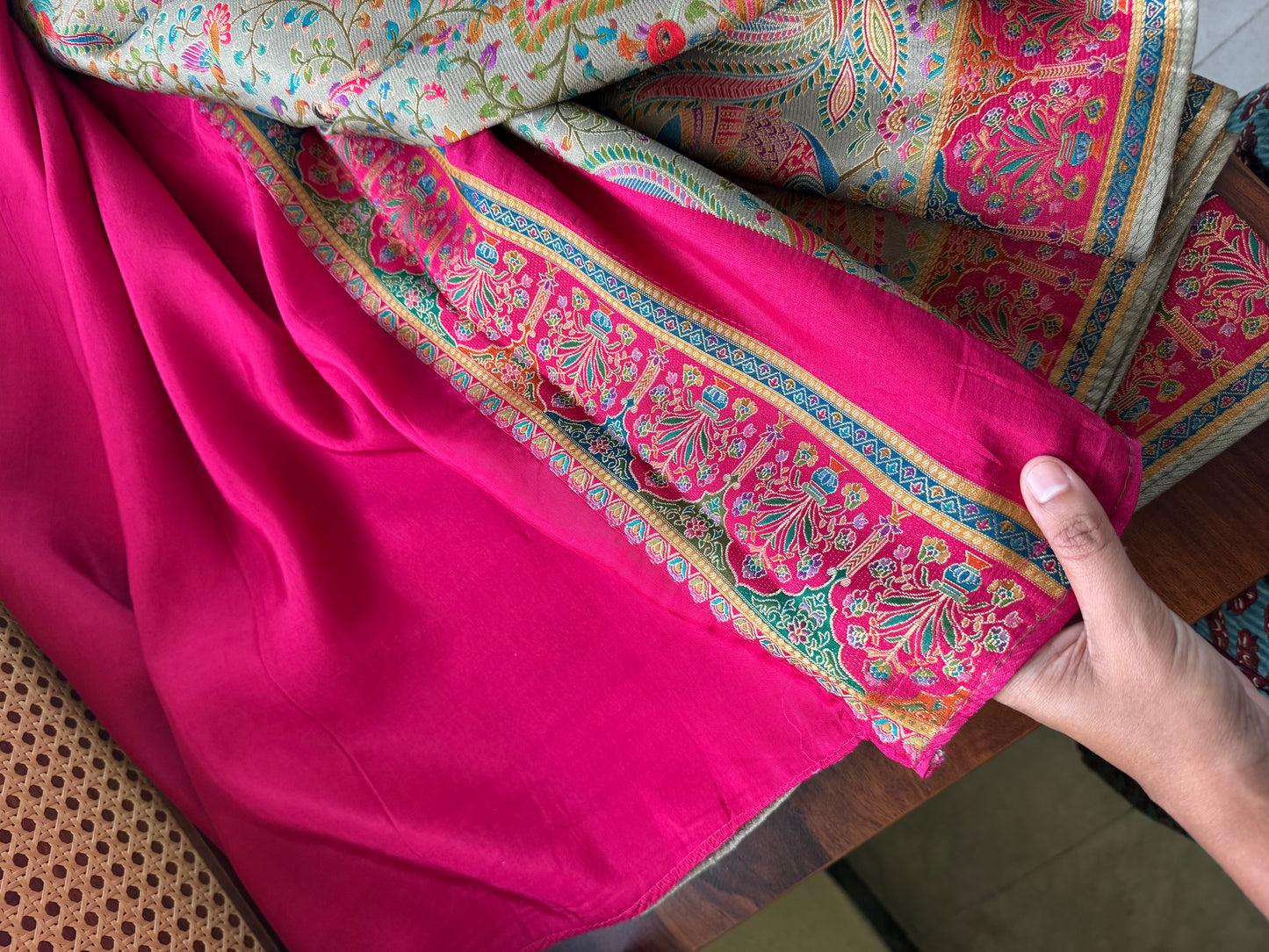 Luxe Pashmina Style Semi Silk Saree - Grey & Pink