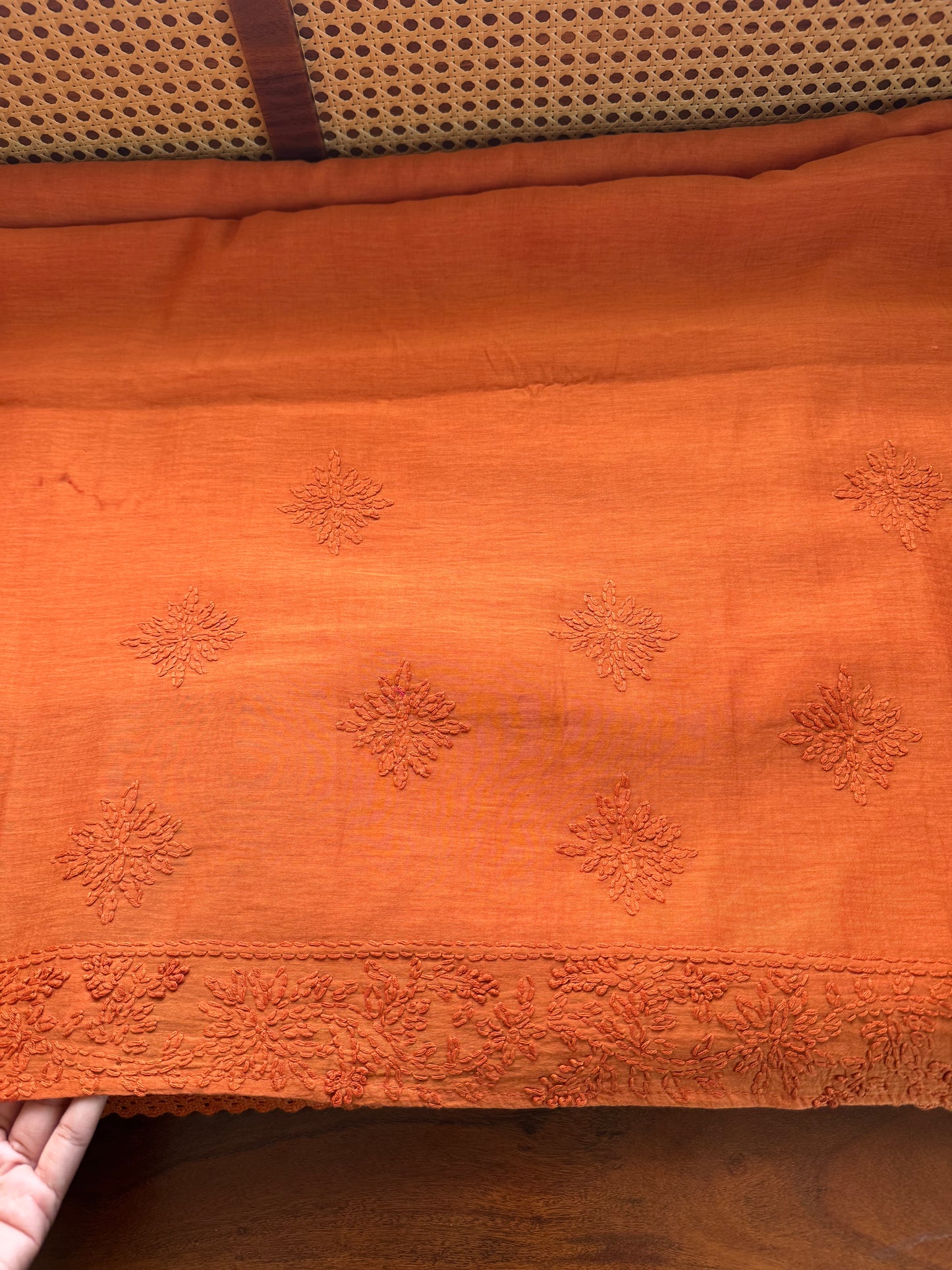 Pure Mul Chanderi Chikankari Saree - Rust Orange
