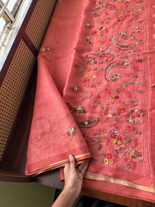 Premium Tissue Linen Sarees - Peach