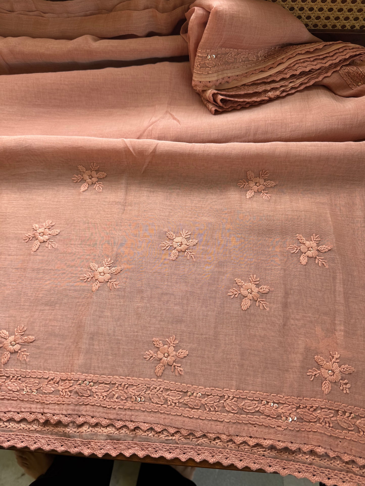 Pure Mul Chanderi Chikankari Saree -Pastel Peach