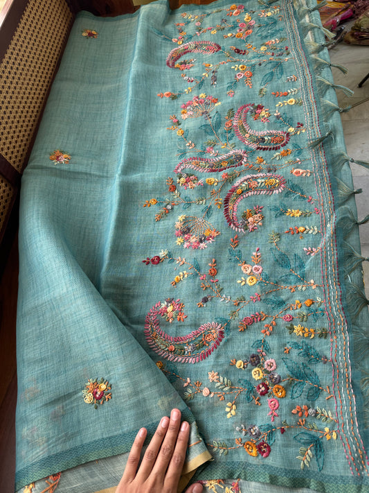 Premium Tissue Linen Sarees - Blue