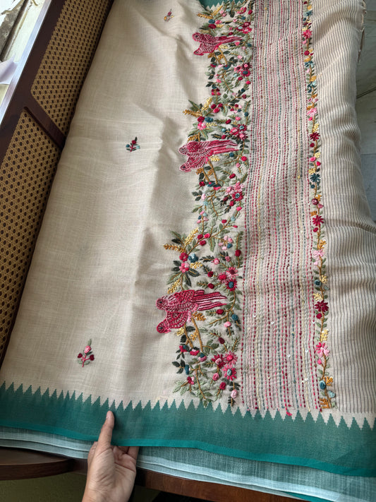 Premium Tissue Linen Sarees - Half white & Green