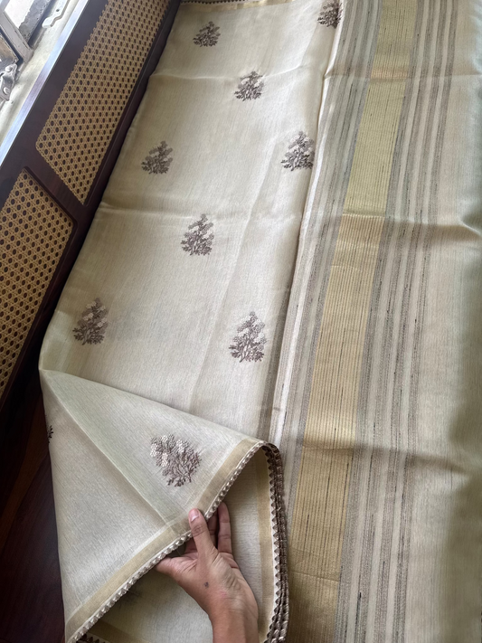 Mul Chanderi Tissue Saree - Cream & Brown