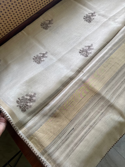 Mul Chanderi Tissue Saree - Cream & Brown