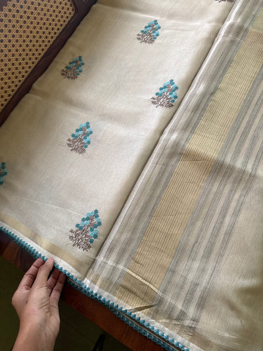 Mul Chanderi Tissue Saree - Cream & Blue