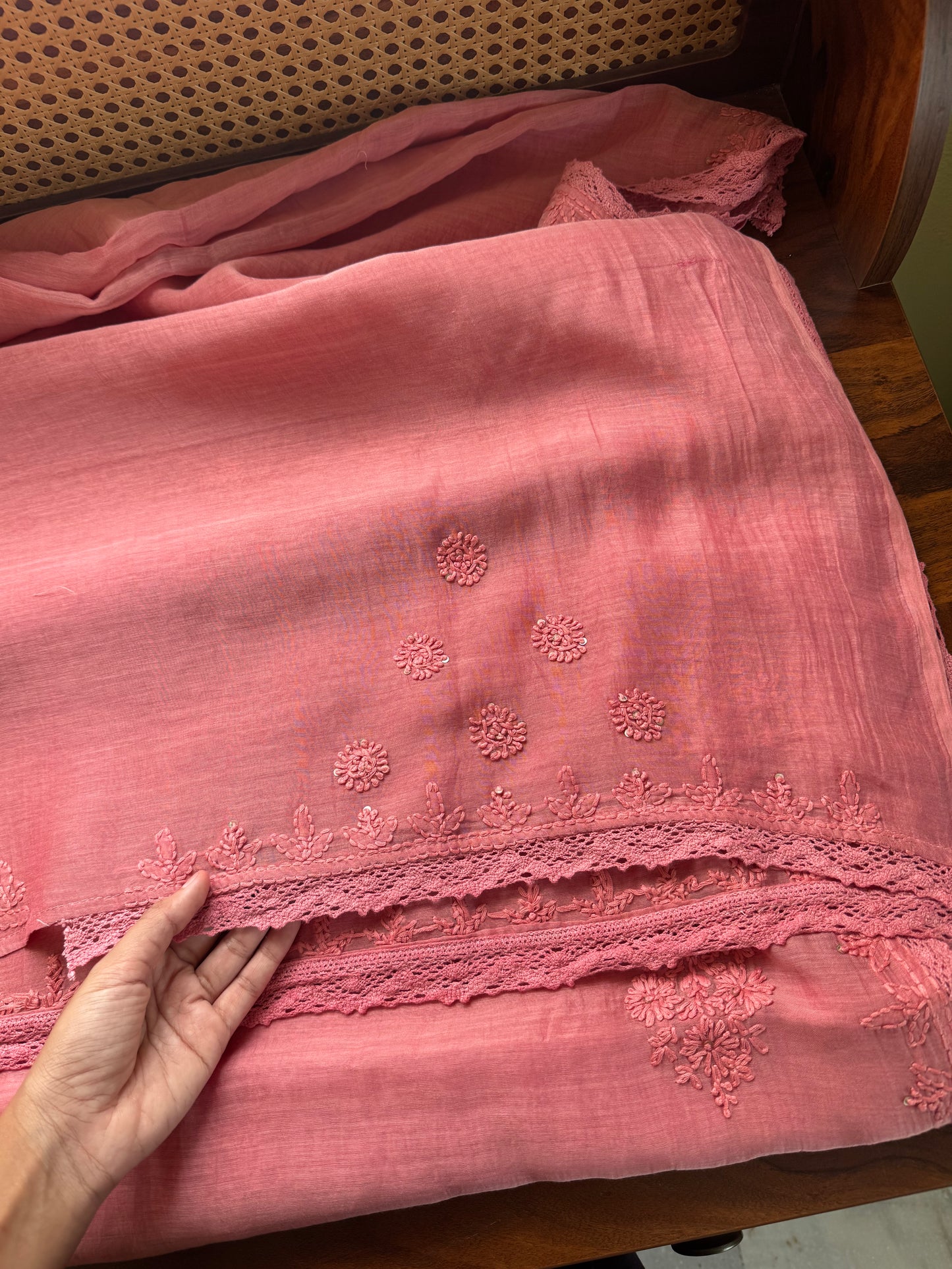 Pure Mul Chanderi Chikankari Saree - Peach Pink