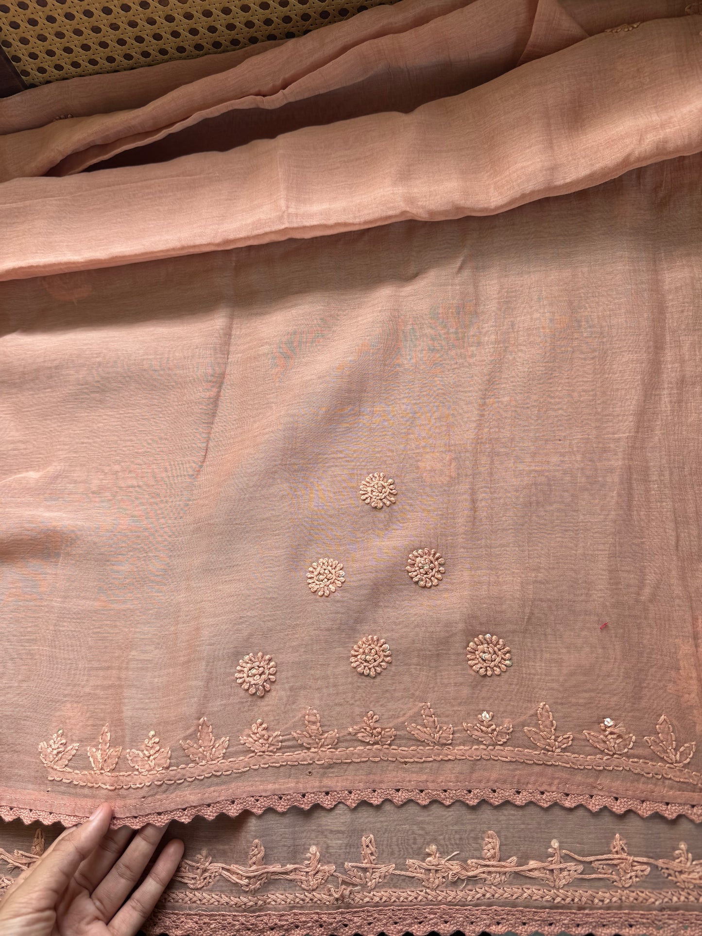 Pure Mul Chanderi Chikankari Saree - Pastel Peach