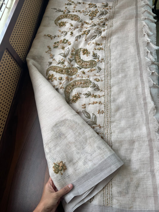Hand Embroidered Linen Sarees with heavy blouse - Halfwhite & Green