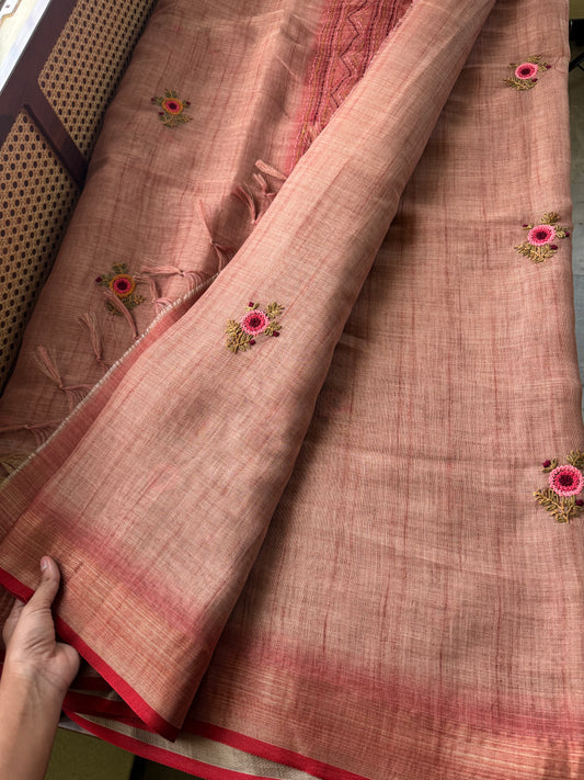 Premium Tissue Linen Sarees with heavy blouse - Peach