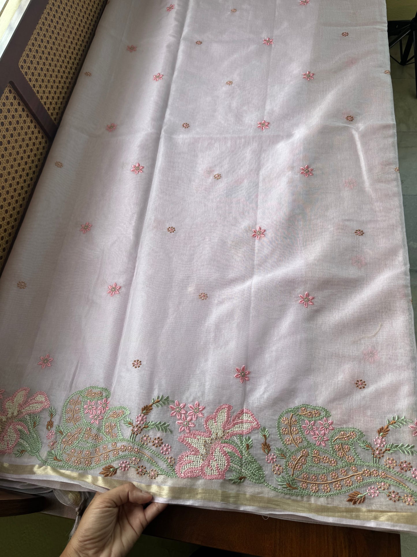 Embroidered Mul Chanderi saree- Pastel Lilac
