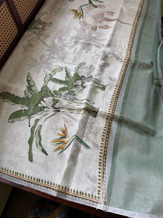 Pure Linen Saree - Half white