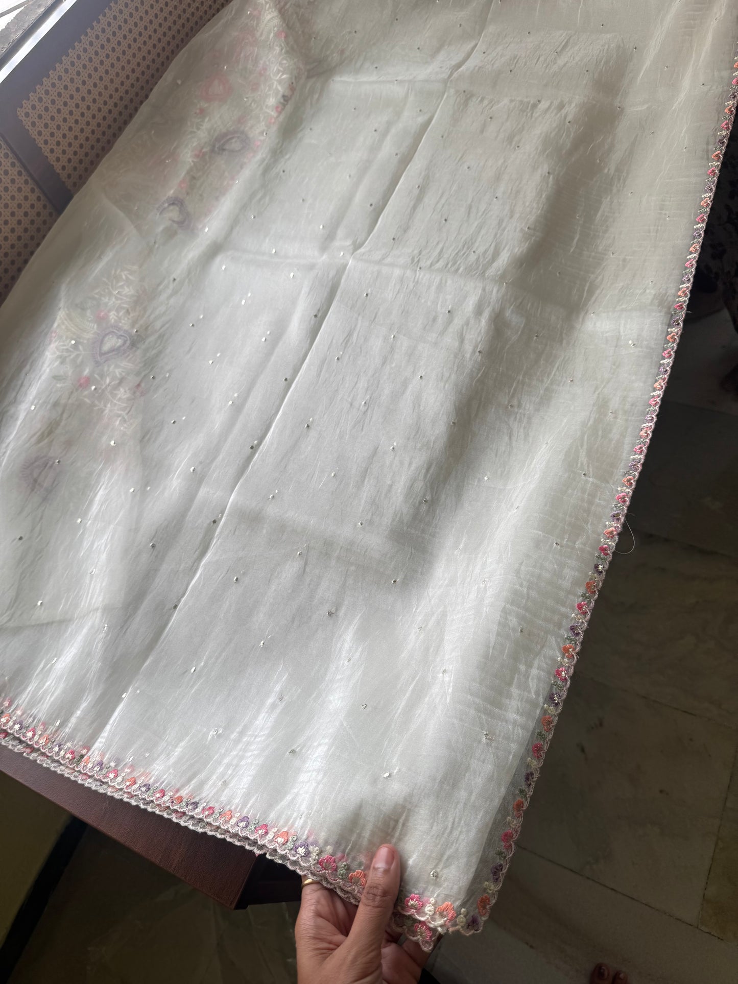 Embroidered Tissue Organza Saree - White