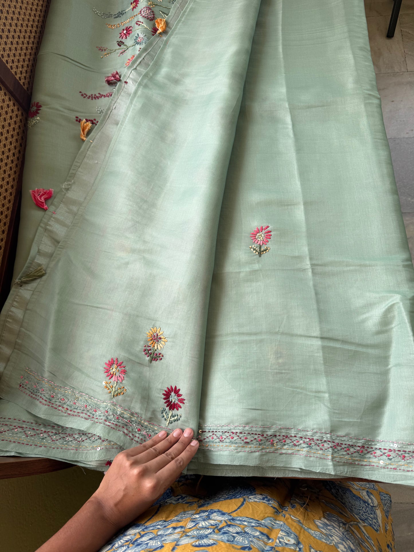 Hand Embroidered Tissue Organza Saree - Sea Green