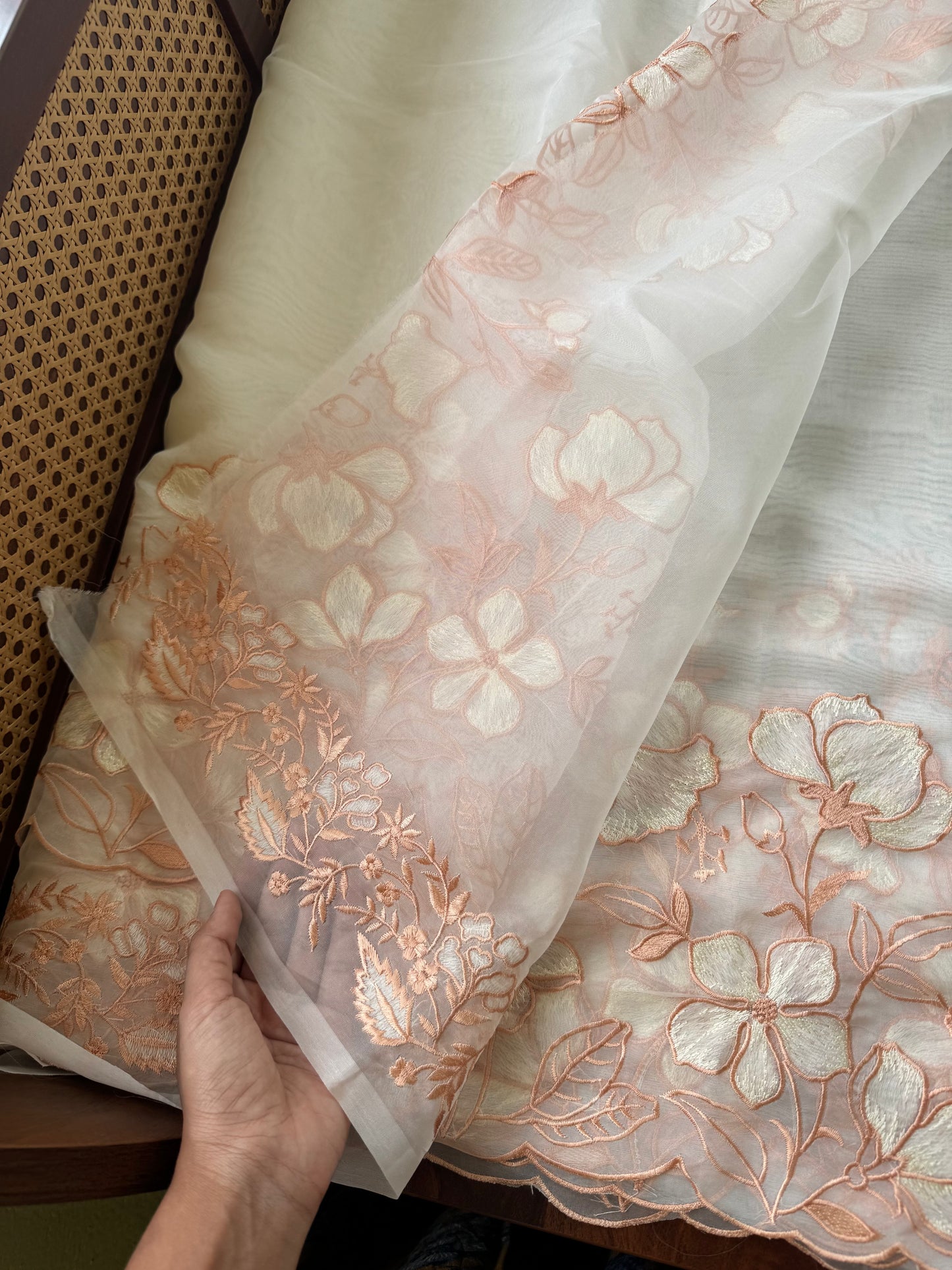 Delicate Tissue Organza Saree - White & Peach