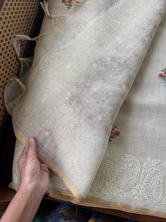 Premium Tissue Linen Sarees - Golden Cream & Orange