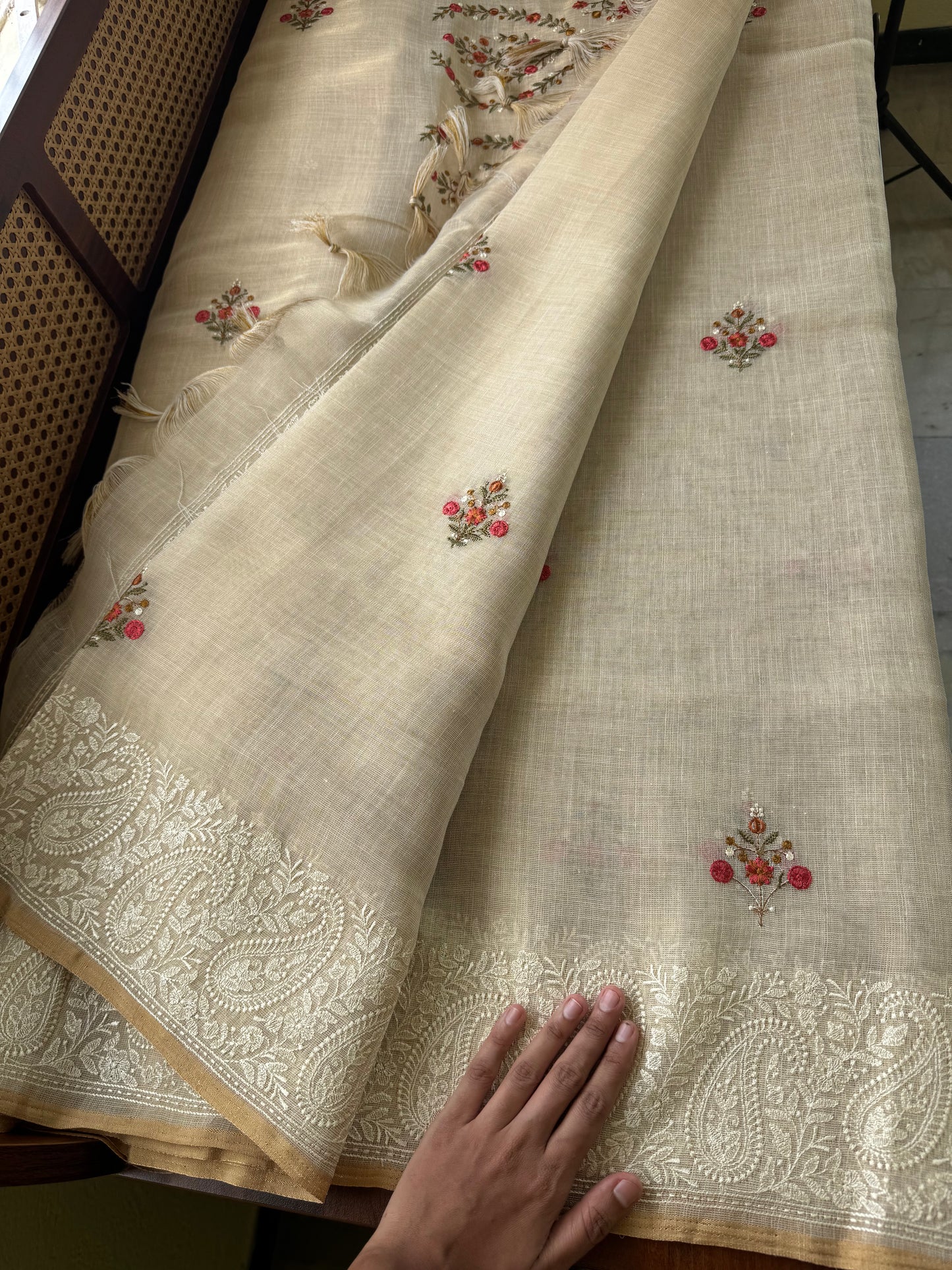 Premium Tissue Linen Sarees - Half White & Orange