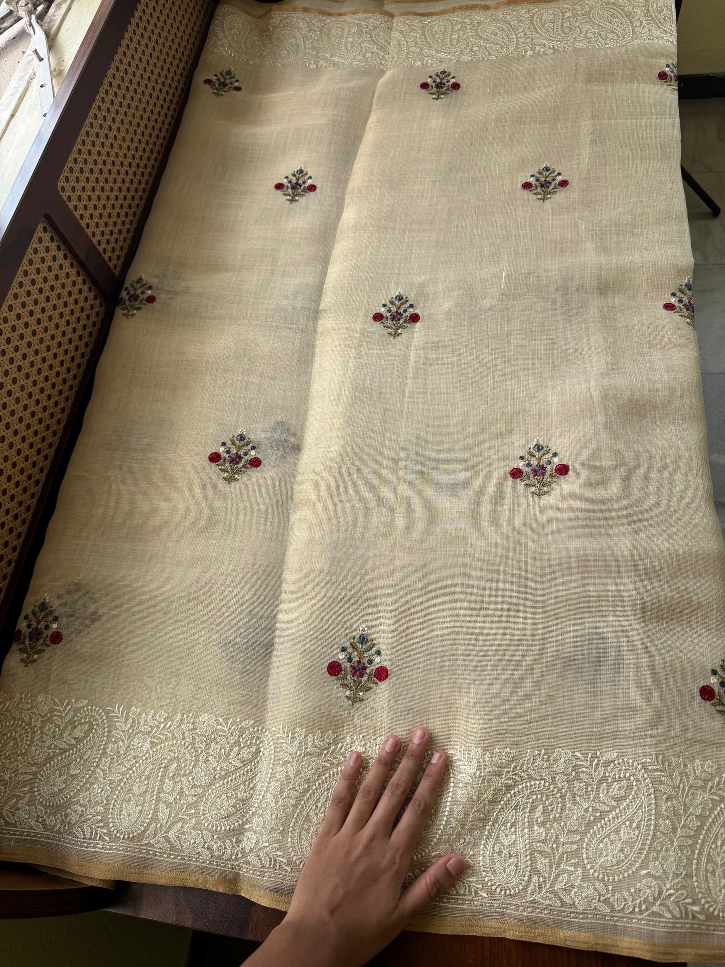 Premium Tissue Linen Sarees - Half White & Blue