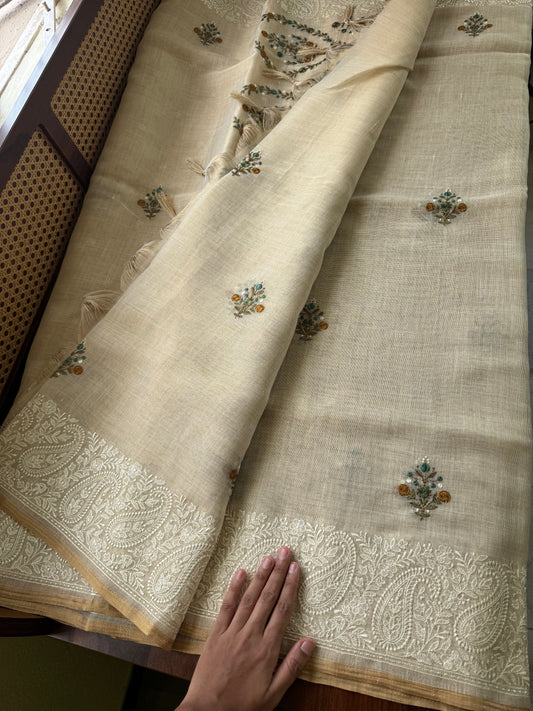 Premium Tissue Linen Sarees -Golden Cream & Peacock Blue