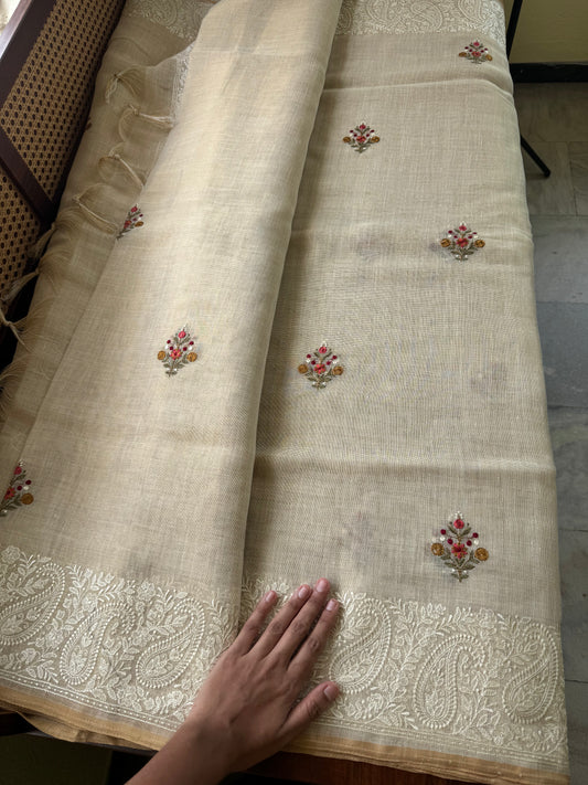 Premium Tissue Linen Sarees -Golden Cream & Cherry Red