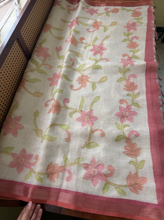 Tissue Linen Saree with Aari work - Half White & Peach Pink