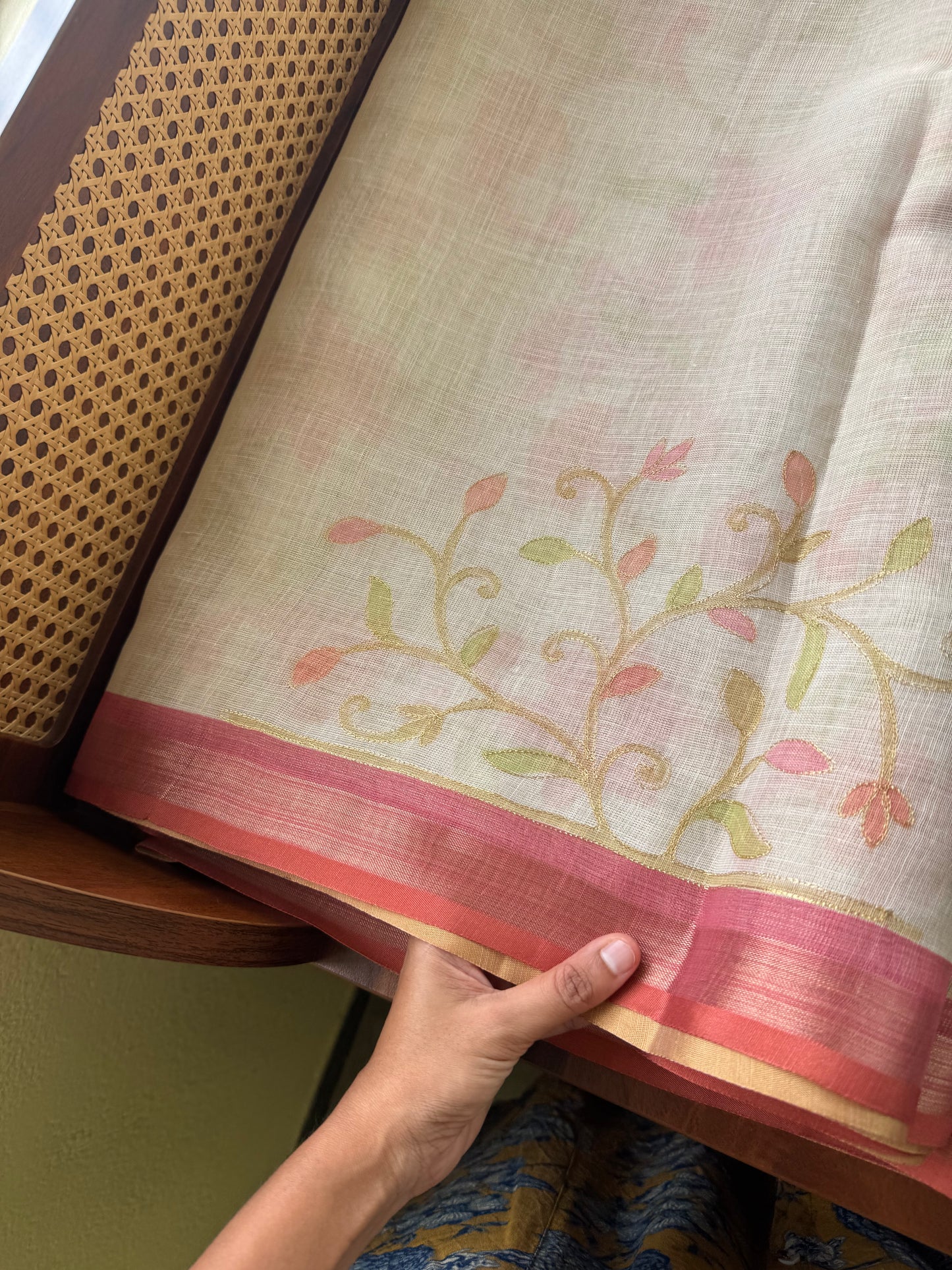Tissue Linen Saree with Aari work - Half White & Peach Pink