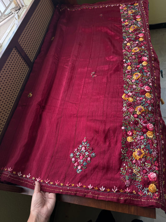 Premium Tussar Blend Saree with Handwork - Maroon