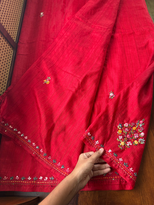 Premium Tussar Blend Saree with Handwork - Red