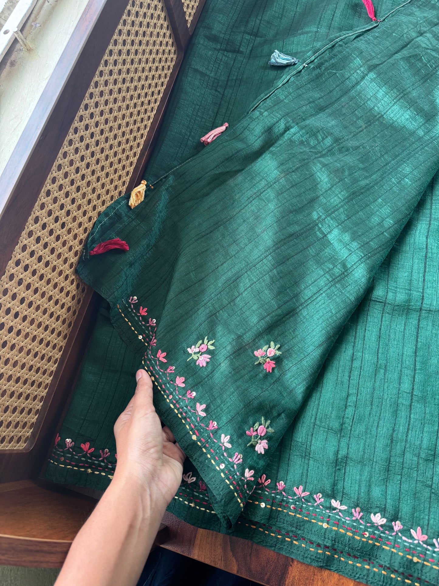 Premium Tussar Blend Saree with Handwork - Green