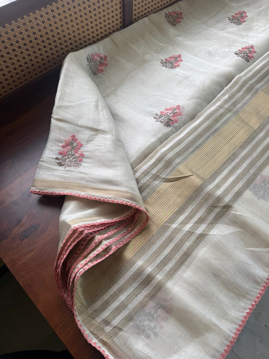 Mul Chanderi Tissue Saree - Cream & Peach