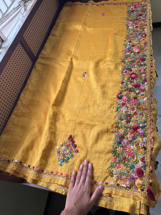 Premium Tussar Blend Saree with Handwork - Yellow