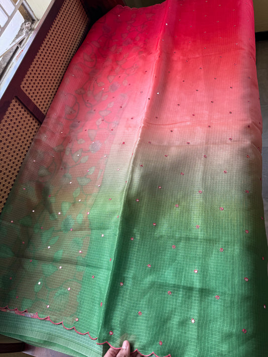 Ombre Silky Kota Saree - Red to Green