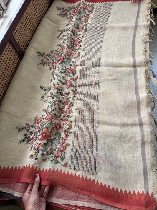 Premium Tissue Linen Sarees - Half White & Rustic Orange